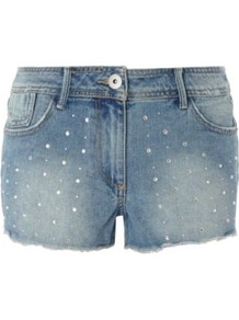G21 Jewel Stud Shorts Navy - style: shorts; pocket detail: traditional 5 pocket; length: short shorts; waist: mid/regular rise; predominant colour: denim; occasions: casual, holiday; fibres: cotton - 100%; hip detail: fitted at hip (bottoms); waist detail: narrow waistband; texture group: denim; fit: slim leg; pattern type: fabric; pattern size: small & light; embellishment: beading