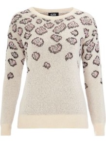G21 Animal Jumper Cream - style: standard; shoulder detail: contrast pattern/fabric at shoulder; predominant colour: ivory; occasions: casual, work; length: standard; fibres: cotton - mix; fit: standard fit; neckline: crew; sleeve length: long sleeve; sleeve style: standard; texture group: knits/crochet; pattern type: fabric; pattern size: standard; pattern: animal print