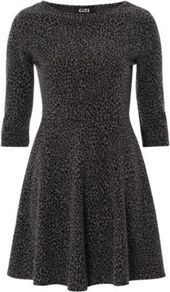 G21 Animal Fit And Flare Dress Charcoal - length: mid thigh; waist detail: fitted waist; predominant colour: charcoal; occasions: casual, evening; fit: fitted at waist & bust; style: fit & flare; fibres: polyester/polyamide - stretch; neckline: crew; sleeve length: 3/4 length; sleeve style: standard; texture group: knits/crochet; pattern: animal print