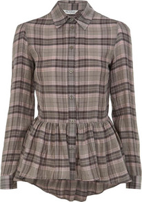Check Peplum Shirt - neckline: shirt collar/peter pan/zip with opening; pattern: checked/gingham; style: shirt; waist detail: peplum waist detail; predominant colour: chocolate brown; occasions: casual; length: standard; fibres: polyester/polyamide - 100%; fit: body skimming; sleeve length: long sleeve; sleeve style: standard; texture group: cotton feel fabrics; pattern type: fabric; pattern size: standard
