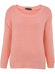 Peach Crop Garter Stitch Jumper - neckline: round neck; style: standard; predominant colour: coral; occasions: casual, work; length: standard; fibres: acrylic - 100%; fit: standard fit; sleeve length: long sleeve; sleeve style: standard; texture group: knits/crochet; pattern type: knitted - other
