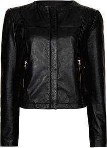 Women's Stitched Leather Jacket, Black - pattern: plain; style: biker; collar: high neck; predominant colour: black; occasions: casual, evening; length: standard; fit: straight cut (boxy); fibres: leather - 100%; sleeve length: long sleeve; sleeve style: standard; texture group: leather; collar break: high/illusion of break when open; pattern type: fabric; pattern size: standard