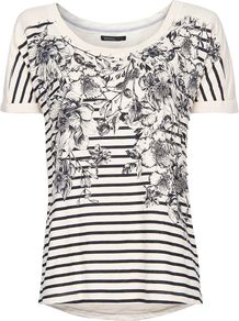 Women's Flowers And Striped T Shirt, Neutral - neckline: round neck; pattern: horizontal stripes; style: t-shirt; predominant colour: white; occasions: casual; length: standard; fibres: cotton - 100%; fit: straight cut; bust detail: contrast pattern/fabric/detail at bust; sleeve length: short sleeve; sleeve style: standard; pattern type: fabric; pattern size: standard; texture group: jersey - stretchy/drapey